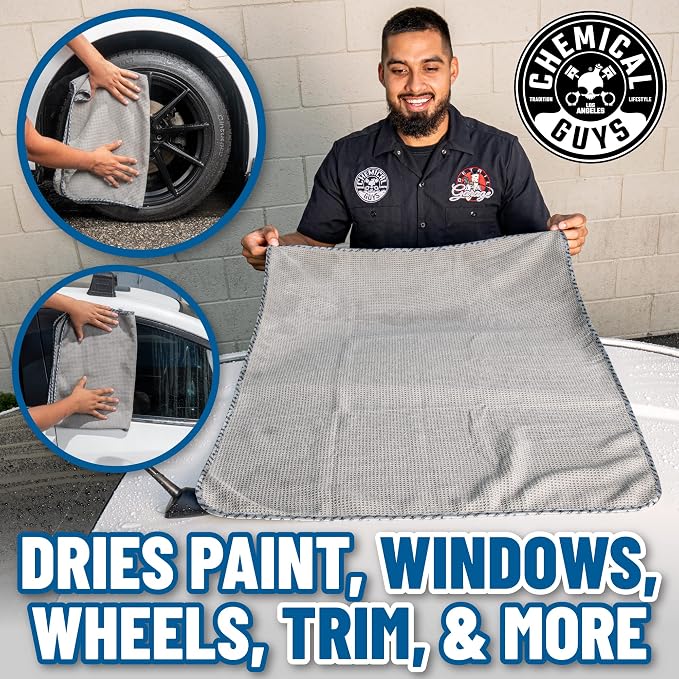 Chemical Guys Waffle Weave Gray Matter Microfiber Drying Towel - 25" x 36", Premium Blend Microfiber Towel with Soft-Banded Edging for Scratch-Free Car Drying, Ultra Absorbent | Waffle-weave towel with soft-banded edges soaks up sheeting water for a fa...