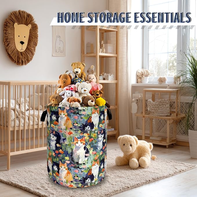 Watercolor Cats Laundry Hamper Oxford Cloth Basket 18.9"x16.5" | Foldable Cute Animal Cat Laundry Basket With Handle Portable Clothes Storage Organizer Bag For Laundry Room/Bathroom/Bedroom