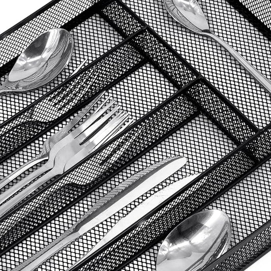 Neudeco Silverware Drawer Organizer Holder, Cutlery Tray Silverware Flatware Storage Divider for Kitchen, Bedroom, Living Room,Mesh Wire with Non-slip foam Feet, 5 Compoment(Black)