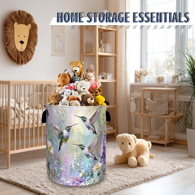Beautiful Hummingbird Laundry Basket Oxford Cloth Hamper 18.9"x16.5" | Colorful Flower Laundry Hamper With Handle Foldable Portable Clothes Storage Laundry Bag For Laundry Room/Bedroom/Bathrooms