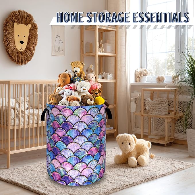 Colorful Mermaid Scales Laundry Basket Foldable Oxford Cloth Beautiful Fish Scales Laundry Hamper With Handle Clothes Storage Organizer Basket 18.9"x16.5"Storage Bag For Laundry Room/Bathroom/Bedroom
