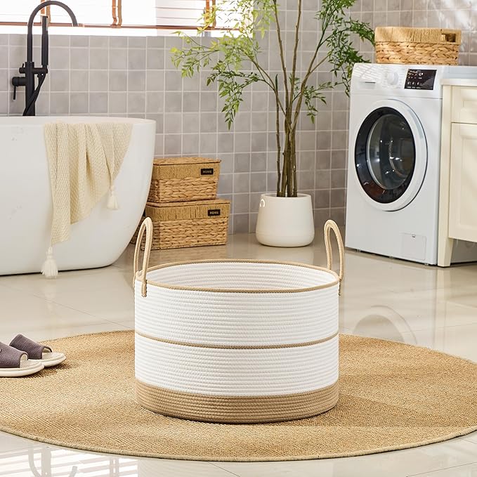 KAKAMAY Large Blanket Basket with Handles, Storage Basket for Living Room | Extra Large Capacity | Natural Cotton Rope | Blanket Storage | Woven Storage Basket | Stuffed Animal Storage | Laundry Basket