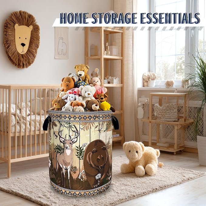 Funny Laundry Basket Oxford Cloth Forest Animal Bear and Deer Laundry Hamper With Handle Foldable Portable Clothes Storage Basket Colorful Laundry Bag 18.9"x16.5" For Laundry Room/Bedroom/Bathrooms