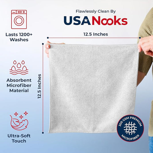 USANOOKS Microfiber Cleaning Cloth - White - 50Pcs (12.5x12.5 inch) High Performance - 1200 Washes, Ultra Absorbent Car Towel Traps Grime & Liquid for Streak-Free Mirror Shine - Car Washing Cloth
