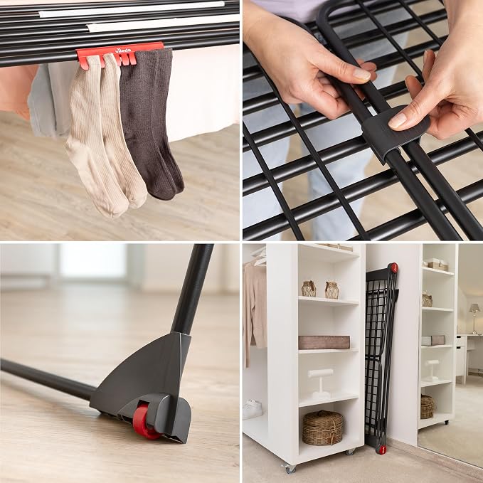 Vileda Infinity Flex Ultimate Black Edition Folding Clothes Airer | Telescopic frame 117-205 cm, XXL drying bars, aluminium and steel, pre-assembled, TÜV tested, comfort pack