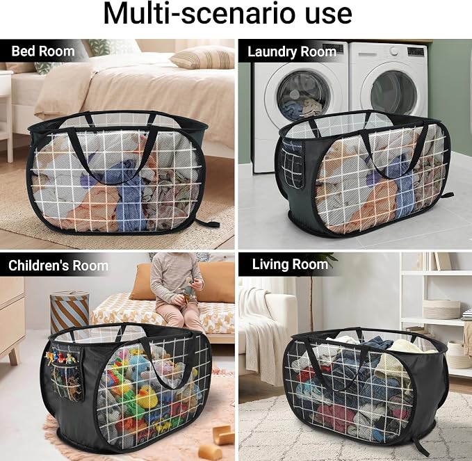 Collapsible Laundry Baskets with Side Pocket, Mesh Pop Up Clothes Hamper for Laundry, Foldable Laundry Basket Storage Hamper with Reinforced Handles for Clothes, Toys, Home, Dorm -Grid Print, Black