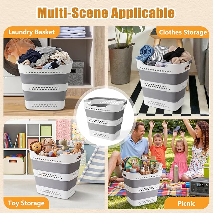 2 Pcs 42L Collapsible Laundry Baskets- Foldable Laundry Basket with Handles, Sturdy Plastic Pop Up Laundry Hamper, Space Saving Storage Container for Wet/Dry Use, Ideal for Home, Dorm, Apartment Grey