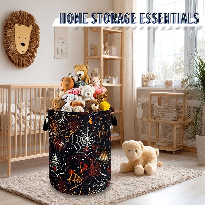 Colorful Spider Web Laundry Basket Foldable Oxford Cloth Halloween Laundry Hamper With Handle Clothes Storage Organizer Basket 18.9"x16.5" Storage Bag For Laundry Room/Bathroom/Bedroom/Dormitories