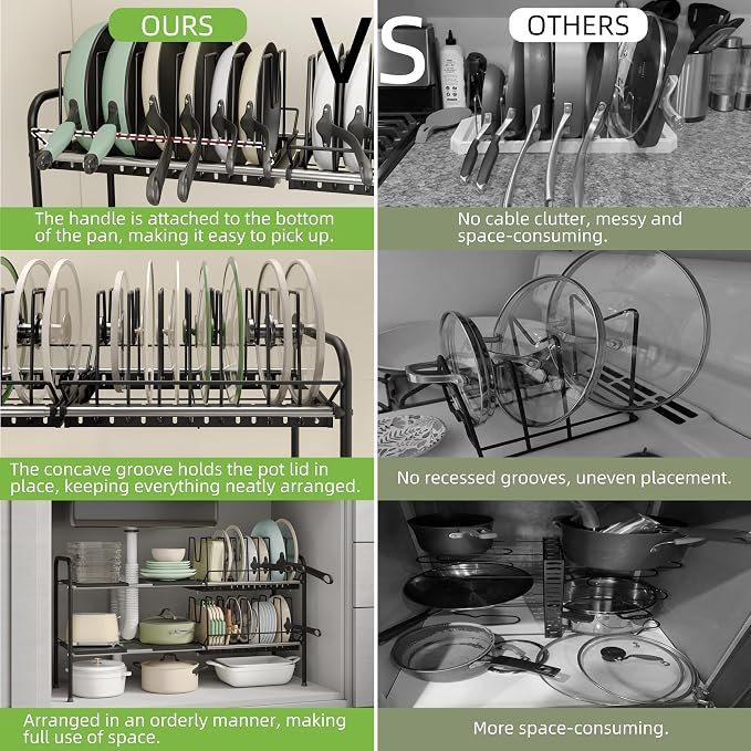 NETEL Expandable Under Sink Organizer,Pot and pan Organizer Under Cabinet | Pan Lid Organizer,Expandable Storage shelf with 2 Pan Racks(14 Dividers)and 4 Removable Panels,Adjustable partition height