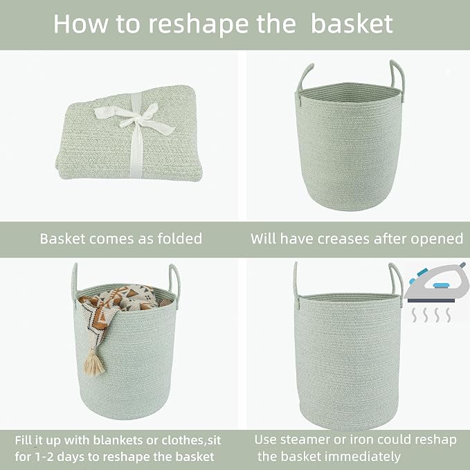 XUANGUO Cotton Rope Laundry Basket Hamper for Clothes, green | Woven Storage Basket for Living Room Bedroom Boho Tall Rope Baskets for Blanket Toys Pillow Towels Baby Nursery Hamper Bin