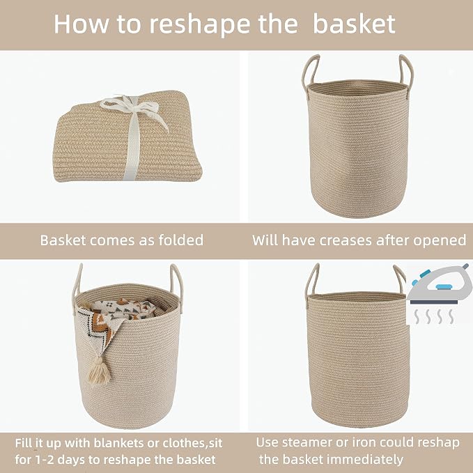 XUANGUO Cotton Rope Laundry Basket Hamper for Clothes, oatmeal | Woven Storage Basket for Living Room Bedroom Boho Tall Rope Baskets for Blanket Toys Pillow Towels Baby Nursery Hamper Bin