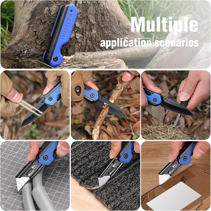 WORKPRO 2-in-1 Folding Knife/Utility Knife, Wood Handle, Blue G10 Handle | Quick-Change Box Cutter, Liner Lock, Belt Clip, 10 SK5 Blades, Carton Cutting, Camping, Hiking, Outdoor, DIY Projects