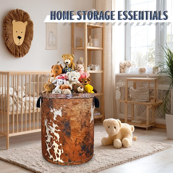 Brown Cow Skin Laundry Basket Foldable Hamper 18.9"x16.5" | Vintage Laundry Hamper With Handle Oxford Cloth Portable Clothes Storage Laundry Bag For Laundry Room/Bedroom/Bathrooms