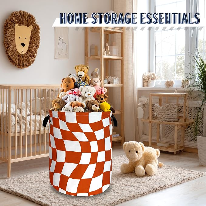 Orange Checkerboard Laundry Hamper Foldable Oxford Cloth Colorful Plaid Laundry Basket With Handle Portable Clothes Storage Organizer Basket 18.9"x16.5" Storage Bag For Laundry Room/Bathroom/Bedroom