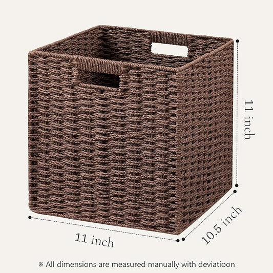UBBCARE 2 Pack Wicker Basket, 11L×11H×10.5W inch Woven Paper Rope Storage Baskets for shelves, Foldable Cube Storage bin with Handle, Storage Basket for Organizing (Dark Brown, Cube-2pack 11")