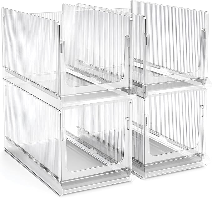 Sorbus Stackable Storage Bins 4 Pack – Extra Large Clear Closet Organizers and Storage, Foldable Shelf Organizer Baskets for Clothes, Towels, Garage Shelving