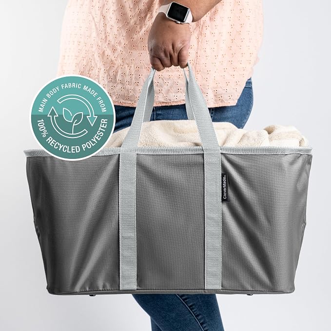 CleverMade Collapsible Laundry Tote, 50L, 2 Pack, Charcoal | Long center handles balance one-hand carrying. A steel rim supports 55 lb, then folds to 1.25 inches for compact storage.