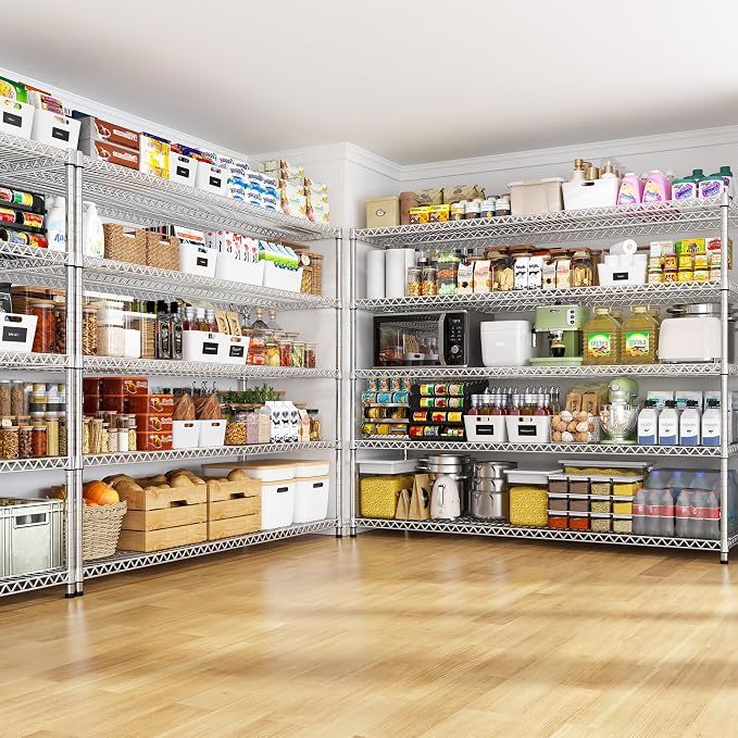 REIBII 55.5" W Storage Shelves 3200LBS Metal Shelving 5 Tier Wire Shelving Garage Shelving Heavy Duty Metal Shelves for Shelving Unit Commercial Adjustable Shelf, 55.5" W X 18''D X 71" H,Chrome,2P