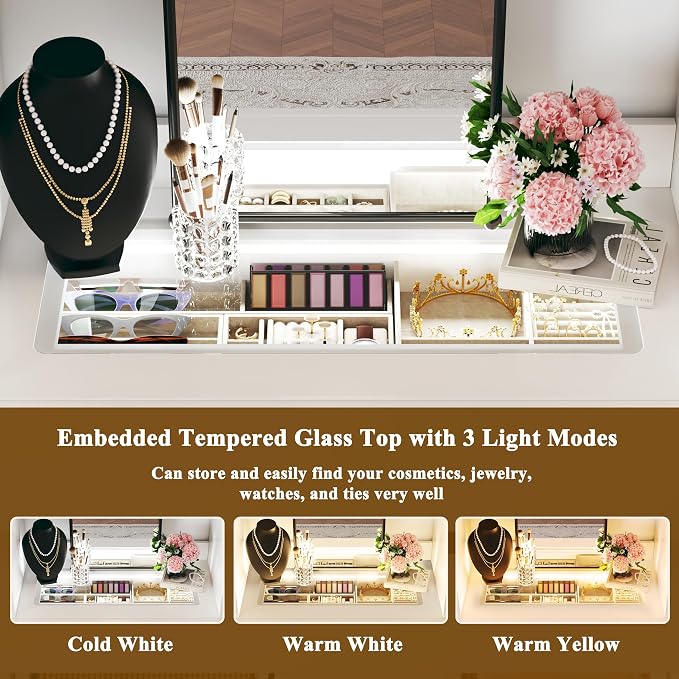 Large Corner Closet System Set with 6 Drawers & Shelves, 100'' Reversible Closet Organizer System with LED Lights & 8 Jewelry Hooks & Glasstop, Walk-in Closet with 4 Hanging Rods, L Shaped/Straight