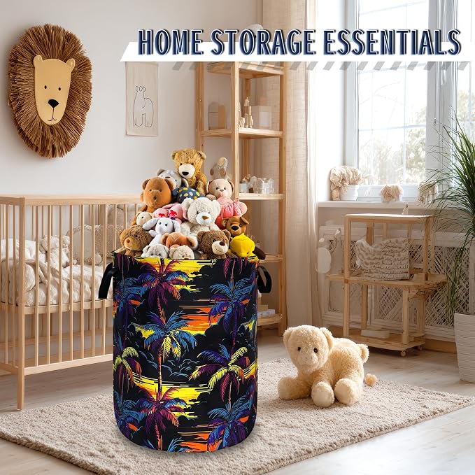 Colorful Palm Tree Laundry Basket Foldable Oxford Cloth Hawaii Laundry Hamper With Handle Portable Clothes Storage Organizer Basket 18.9"x16.5" Storage Bag For Laundry Room/Bathroom/Bedroom