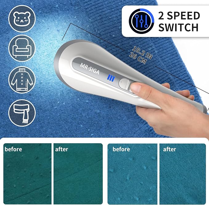 MR.SIGA Lint Remover Sweater Defuzzer with 2 Replaceable 6-Leaf Blades | Fabric shaver with 2 speeds, rechargeable electric lint fuzz remover with LED lights and 2 replaceable 6-leaf blades