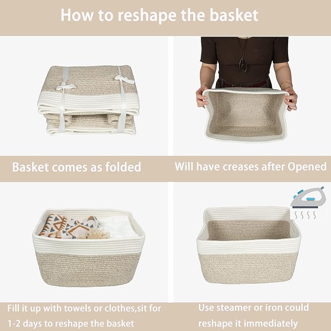 Cotton Rope storage Basket Bins Woven Basket for Organizing Shelves 15X10X9.3" Rectangle Decorative Baskets For storage Clothes Toys Books Towels Nursery basket organizer 3 pack white and brown