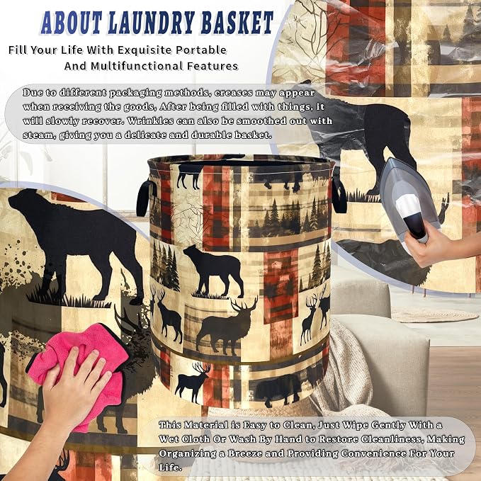 Vintage Forest Bear Laundry Basket Foldable Funny Animal Deers Laundry Hamper With Handle Oxford Cloth Portable Clothes Storage Basket Laundry Bag 18.9"x16.5" For Laundry Room/Bedroom/Bathrooms