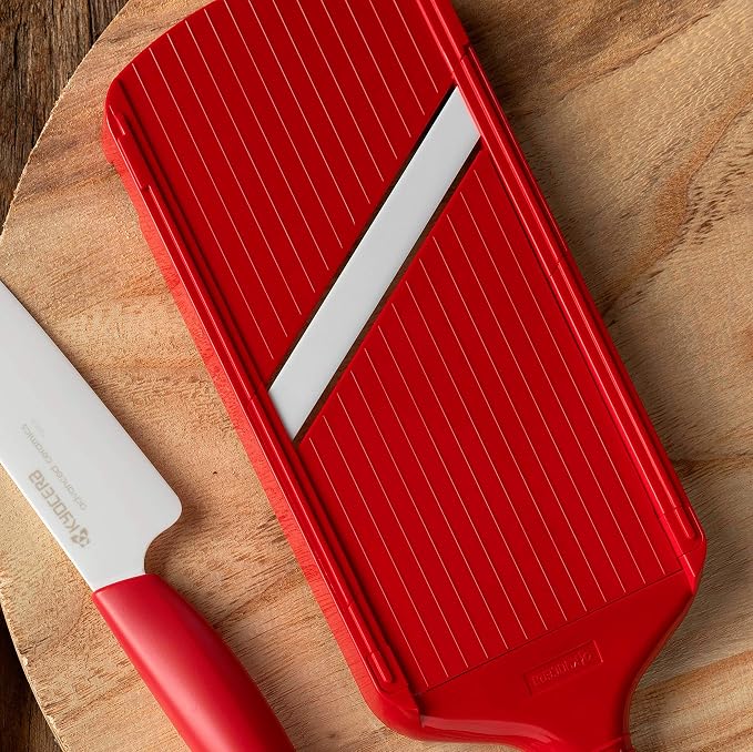 Kyocera Advanced Ceramic Double-edged Mandolin Slicer With Guard, Red | KYOCERA Double-Edged Mandoline Slicer: 3.5" Ceramic Blade for Fast, Two-Way 1.5mm Slicing with Safety Handguard Included
