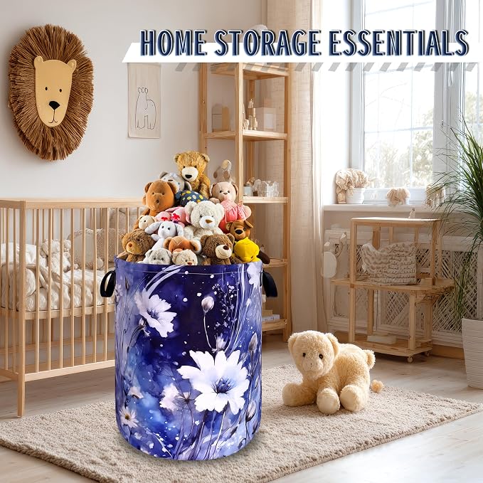 Blue Daisy Flower Laundry Basket Foldable Oxford Cloth Watercolor Floral Laundry Hamper With Handle Portable Clothes Storage Organizer Basket 18.9"x16.5" Storage Bag For Laundry Room/Bathroom/Bedroom