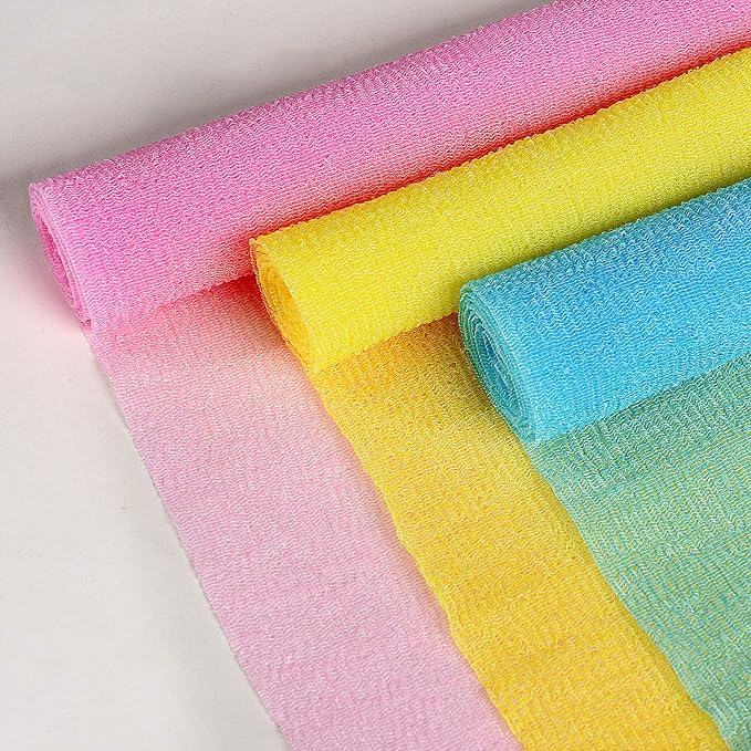 ARCH&M Exfoliating Back Washcloth & Body Scrubber, 3 Pack, 35-Inch | Japanese Washcloth, Exfoliation Shower Towel, Daily Use, Deep Cleansing, Nylon, Beauty Cloth For Smooth Skin