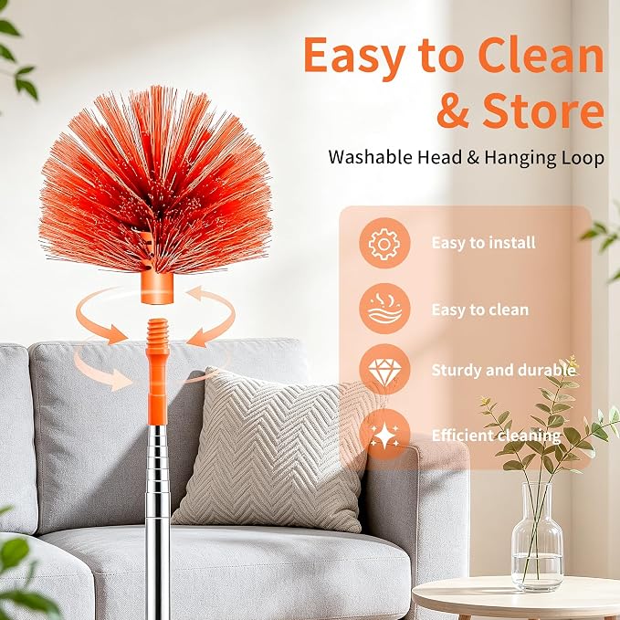 Cobweb Duster with Extension Pole, 90" Spider Web Brush, Orange | Cobweb duster with extension pole & stainless steel telescopic handle. For ceilings, fans & corners. Collapses to 15.7".