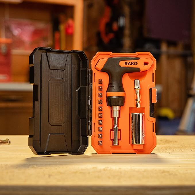 RAK Universal Socket Tool - Birthday Gifts for Men - Set of 15, 1/4-to-3/4-inch Wrench Grip, T-Handle Ratchet Driver, 10 Screwdriver Bits - Gifts for men, Husband, Handyman