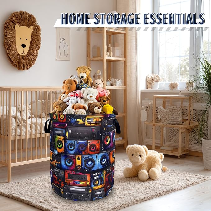 Retro Radio Tape Laundry Basket Oxford Cloth Colorful Music Laundry Hamper With Handle Foldable Portable Clothes Storage Basket Funny Laundry Bag 18.9"x16.5" For Laundry Room/Bedroom/Bathrooms