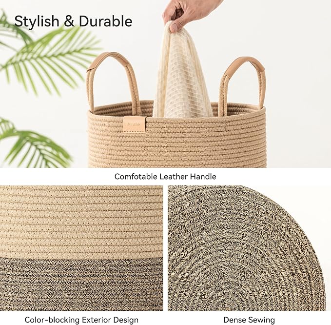 Nunsino 75L Striped Laundry Hamper with Leather Handles,Large Foldable Laundry Basket for Clothes,Cotton Rope Storage Bin for Blankets,Woven Clothes Basket for Bedroom,Dark Brown Stripes