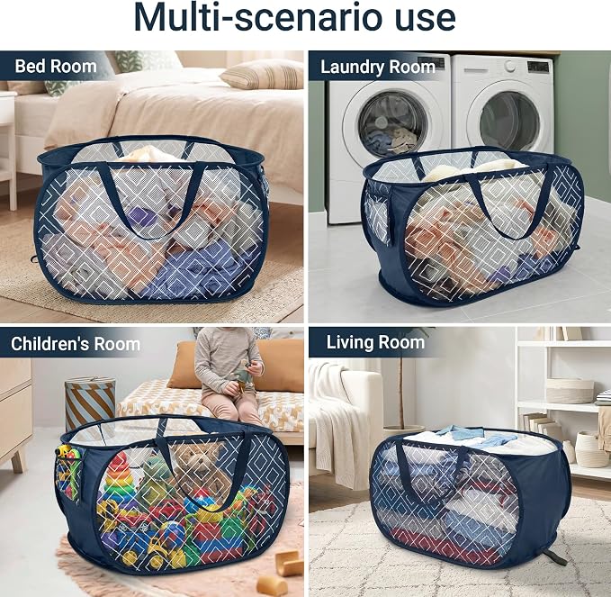 Collapsible Laundry Baskets with Side Pocket, Sturdy Pop Up Foldable Laundry Hamper with Reinforced Handles, Easy to Carry Clothes Hamper for Bathroom, Bedroom, Dorm, Travel -Prism Print, Navy Blue