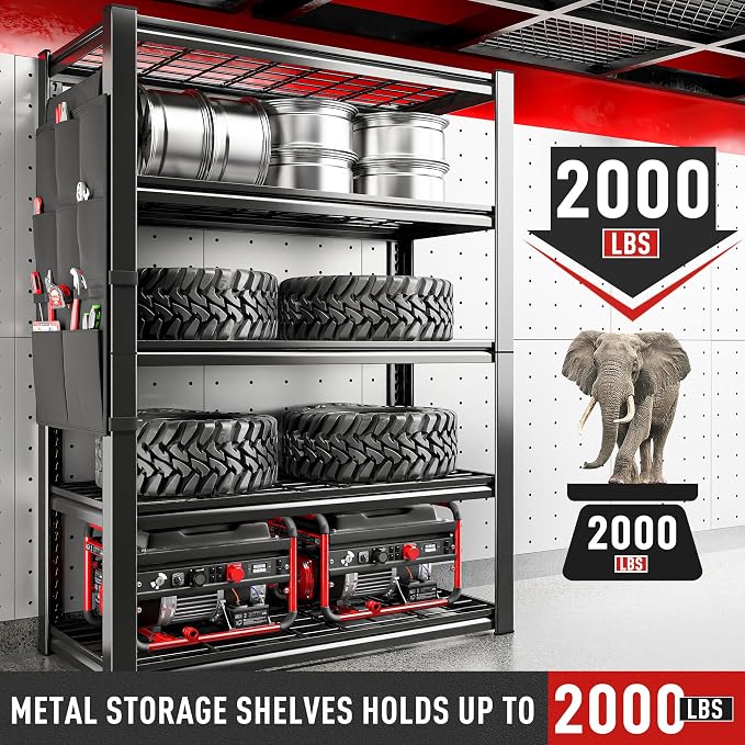 REIBII 37.9" W Storage Shelving with Tool Bag for Garage Workshop Basement | Wire Mesh Panel, Adjustable, Detachable, 5-Tier, Easy Assembly, for Homeowner and DIYer, 66.1" H x 37.9" W x 15.8" D, 2000Lbs