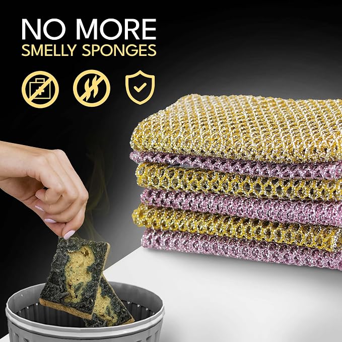 Non-Scratch Dish Scrubbers (6 Pcs) — Outlasts 7+ Sponges, Stays Odor-Free | Replace Smelly Kitchen Sponges | Non-Absorbent Mesh | Safe on Non-Stick, Cast Iron, Glass | Made in Korea Since 2012