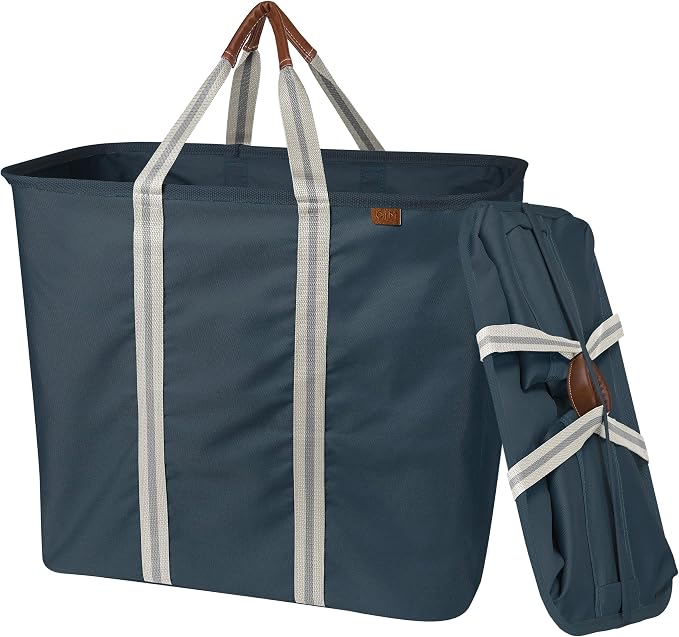 CleverMade LUXE Collapsible Laundry Caddy, 64L, 2 Pack, Navy Noir | Refined fabric and vegan leather details suit open rooms. The structured frame carries 2 loads and folds flat for storage.