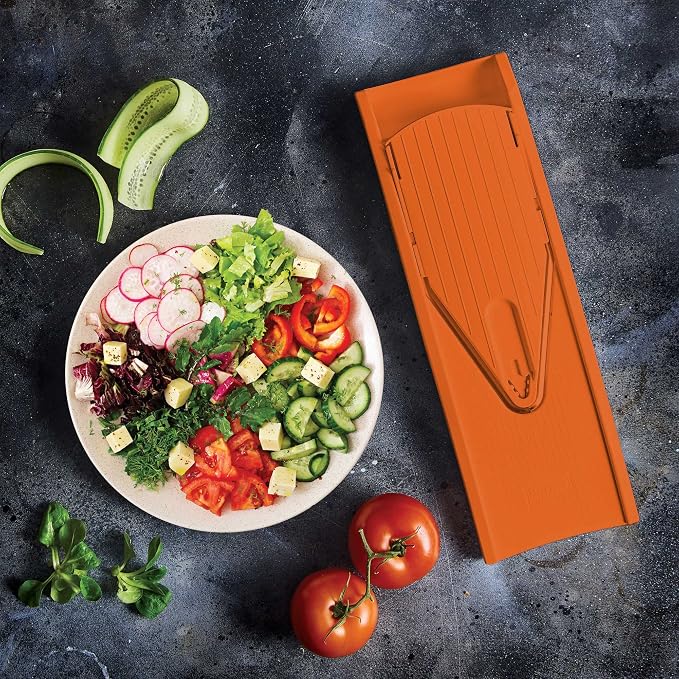 Börner Mandoline Slicer V1 (Professional Set) • V-Slicer with 4 Inserts, Fruit Holder, Docking Station, Box • Adjustable Vegetable Slicer • Cuts into Slices, Strips & Dices • Color: Orange