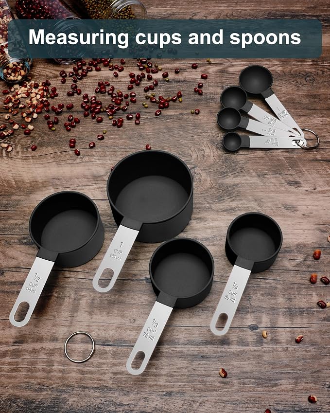 Measuring Cups and Spoons Set of 8 Pieces, nesting measuring cups for Measuring Dry or Liquid Ingredients, Stainless Steel Handle, Kitchen Gadgets for Cooking & Baking (Black)