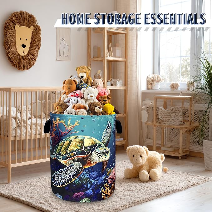 Sea Turtle Laundry Basket Oxford Cloth Colorful Ocean Animal Turtles Laundry Hamper With Handle Foldable Portable Clothes Storage Basket Laundry Bag 18.9"x16.5" For Laundry Room/Bedroom/Bathrooms