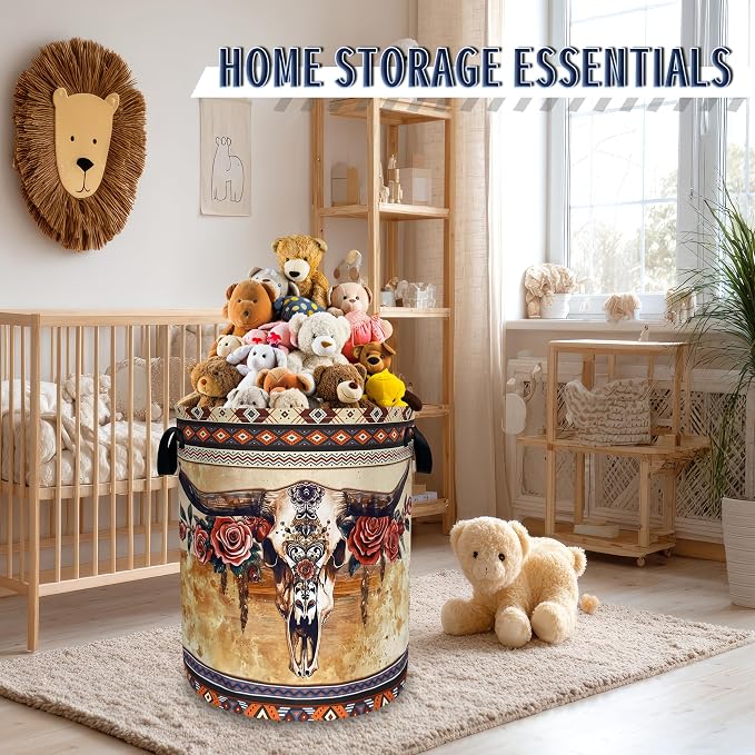 Boho Longhorn Cattle Skull Laundry Basket Oxford Cloth Tribal Laundry Hamper With Handle Foldable Portable Clothes Storage Basket Funny Laundry Bag 18.9"x16.5" For Laundry Room/Bedroom/Bathrooms