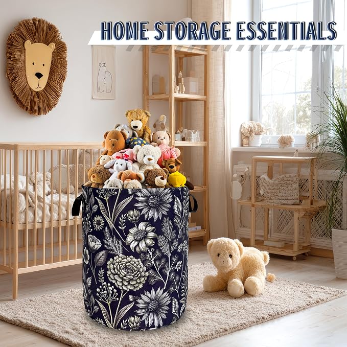 Vintage Floral Flowers Laundry Hamper Foldable Oxford Cloth Cute Laundry Basket With Handle Portable Clothes Storage Organizer Basket 18.9"x16.5" Storage Bag For Laundry Room/Bathroom/Bedroom
