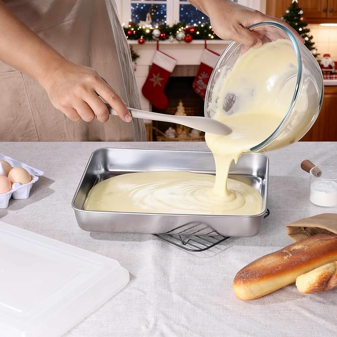 LIANYU Stainless Steel Baking Cake Pan with Lid Set, 12⅓ x 9¾ x 2 Inch Lasagna Brownie Pan, Oven & Dishwasher Safe Pan for Cookie Bread (1 Pan +1 Lid)