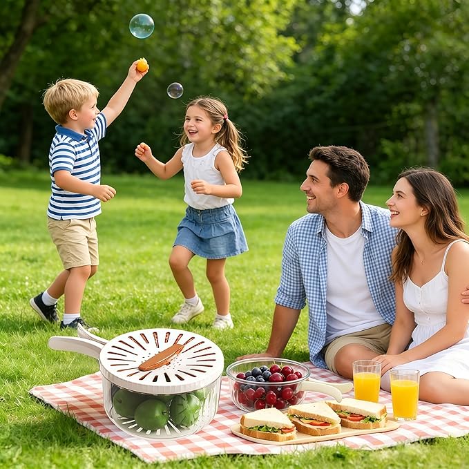 2 Pcs Multipurpose Drain Basket with Lid & Foldable Handle,2 in 1 Draining and Preservation Basket,Fruit Strainer Container with Lid for Fridge Freshness,Outdoor Picnics(1QT+1QT)