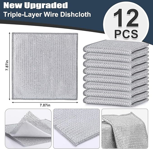 Navona 12 Pcs New Upgrade Steel Wire Dishcloth,Triple-Layer Steel Wire Cleaning Cloth,Powerful Cleaning Non-Scratch Wire Dishcloth Rag for Cookware, Sinks, Dishes, Stove Tops