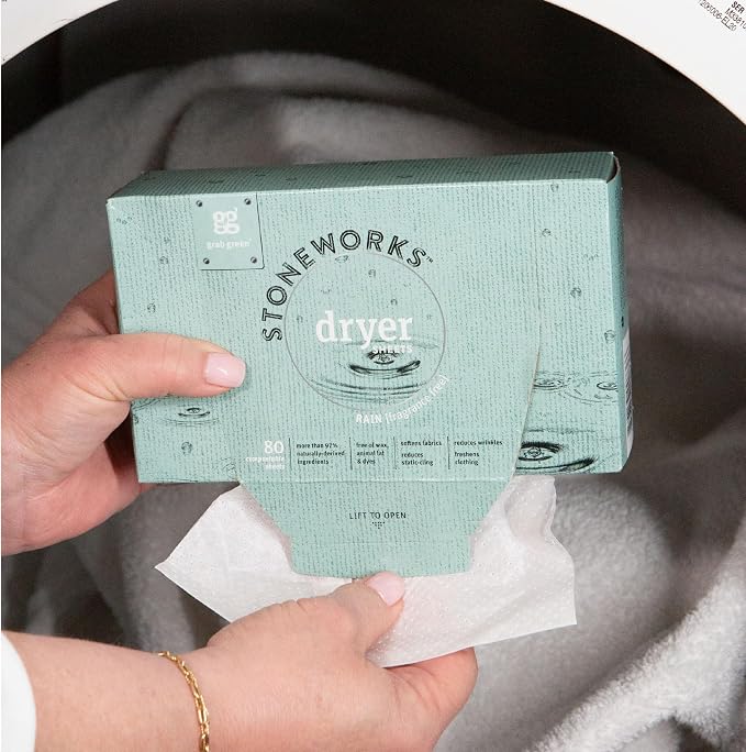 Grab Green Stoneworks Dryer Sheets, Unscented, 80 Count, Compostable | Softens fabrics; Reduces Static; Cruelty-free; Plant & Mineral Based; No Harsh Chemicals