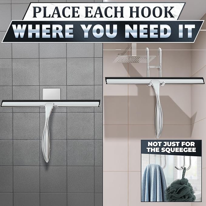 14" Silver Shower Door Squeegee - Stainless Steel Shower Squeegee for Streak-Free Bathroom Glass with Silicone Blade, Adhesive & Hanging Hooks for Mirror, Tile, Window, Car, Multi-Surface Everyday Use