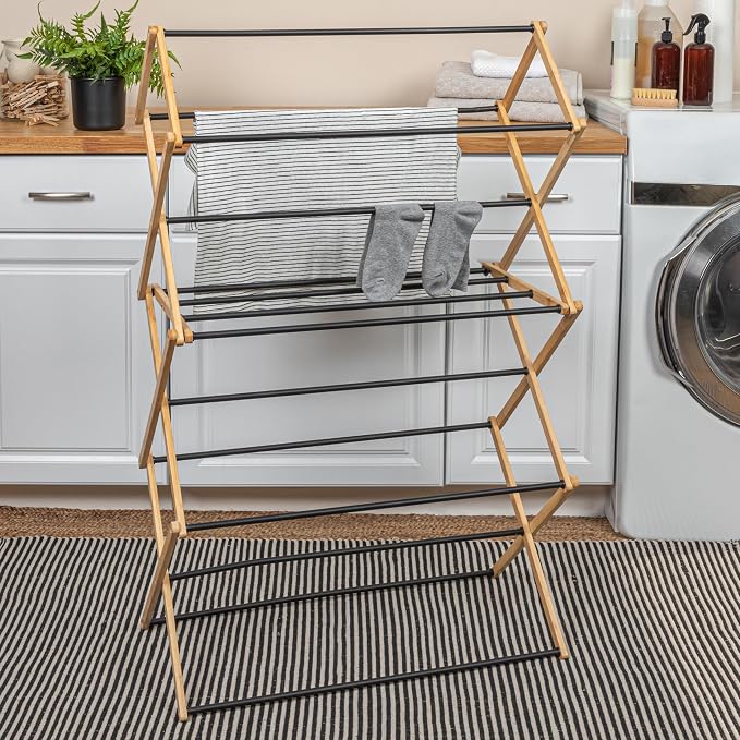 Household Essentials Bamboo Folding Clothes Drying Rack | Large Capacity, 14 Coated Metal Dowels, 28 Feet of Drying Space | Eco-Friendly, Collapsible Indoor Rack for Apartments, Homes & Dorms