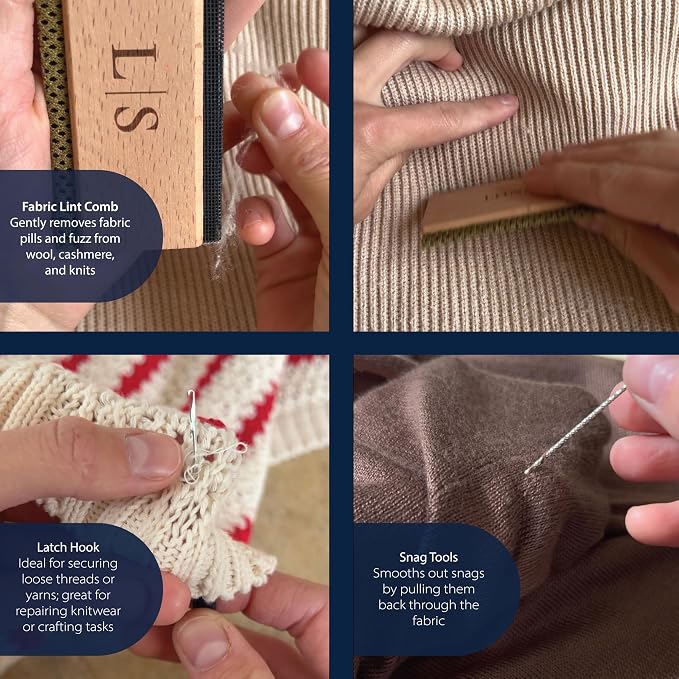 Lint Comb, Cashmere Comb, Wool Comb, Lint Shaver, Snag Repair Needles, Latch Hook. Complete Garment Repair kit, Sewing Kit